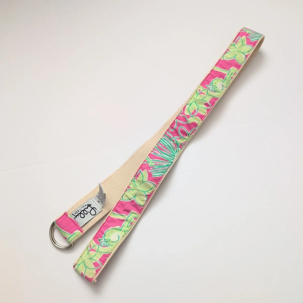 Lilly Pulitzer Canvas Belt Tropical Floral Pink Green D Ring Sz M Preppy Coastal